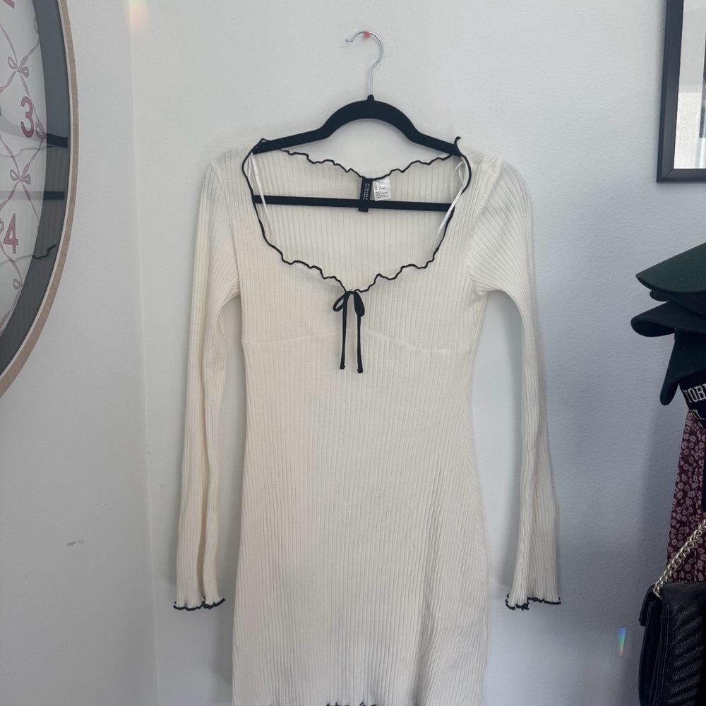 Divided White Long Sleeve Dress with Black Trim